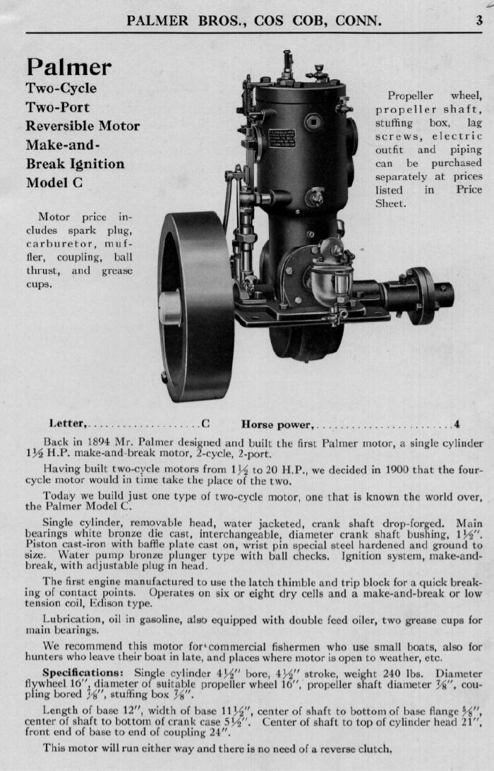 Palmer Model "C" Two-cycle engine specifications from 1928 (?) Catalog